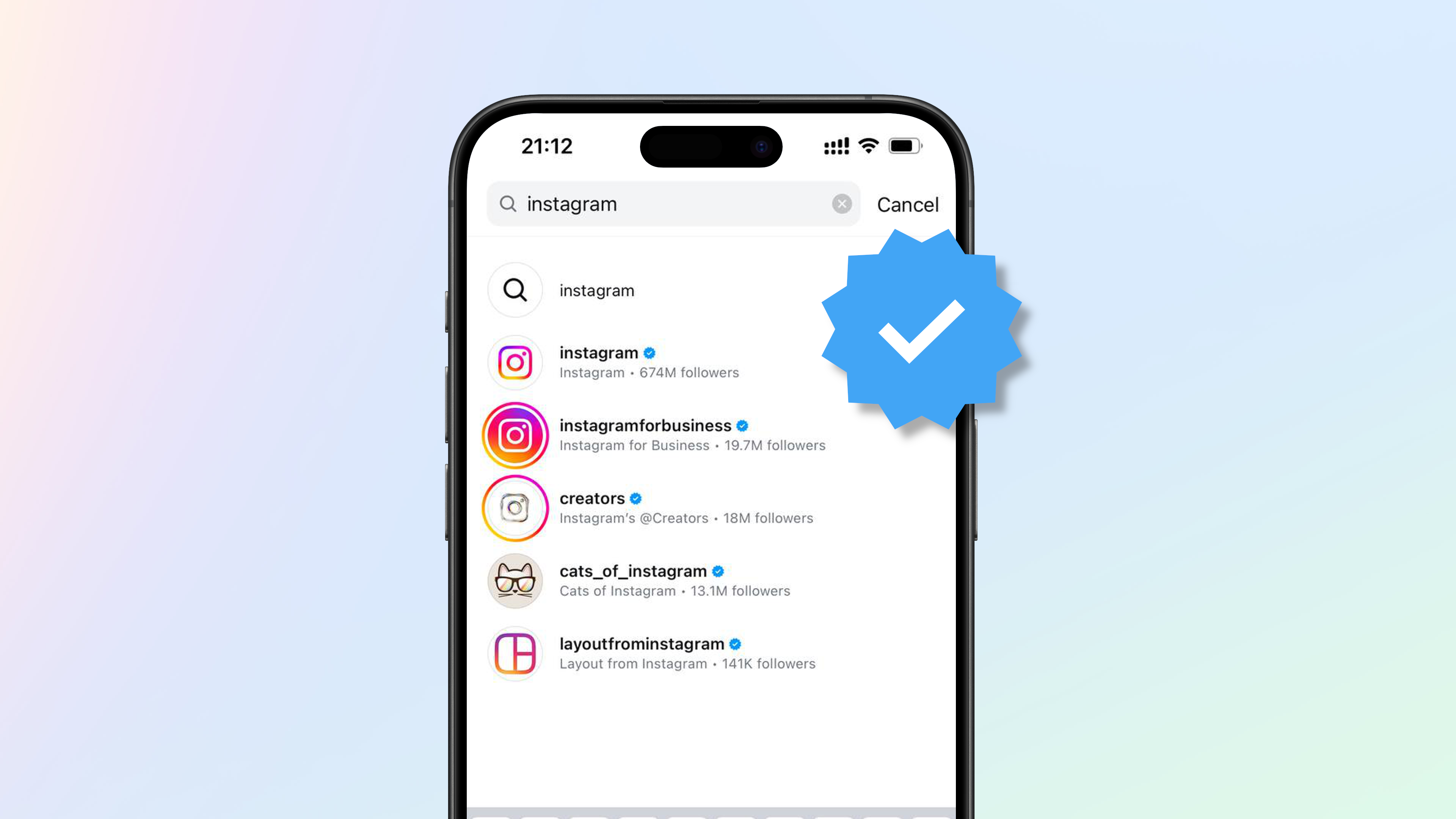 A screenshot of verified Instagram profiles in the Instagram app search results