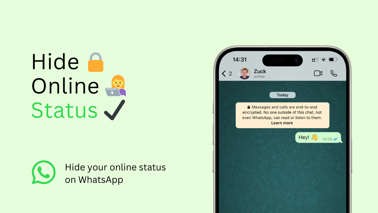 A blog post cover image showing a smartphone with WhatsApp open and a chat conversation with Mark Zuckerberg and his status as online.